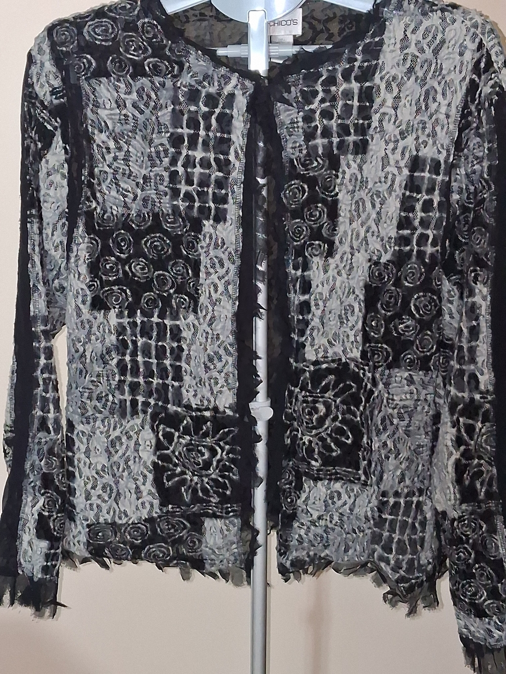 Chico's Black & Gray Rag Style Lace Silk Sheer Short Cardigan